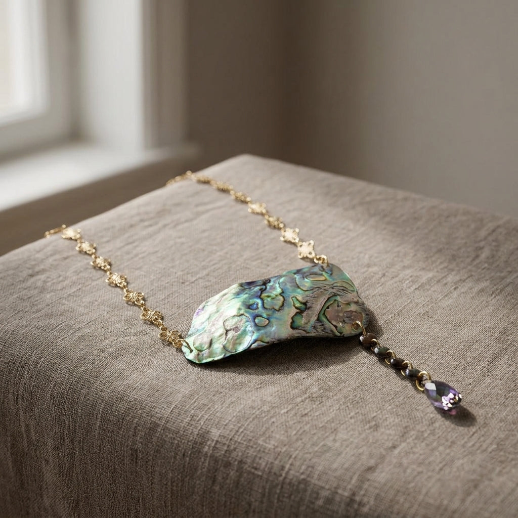 Abalone Dangle Necklace With Iridescent Crystal Pendant Jewelry Gift For Her