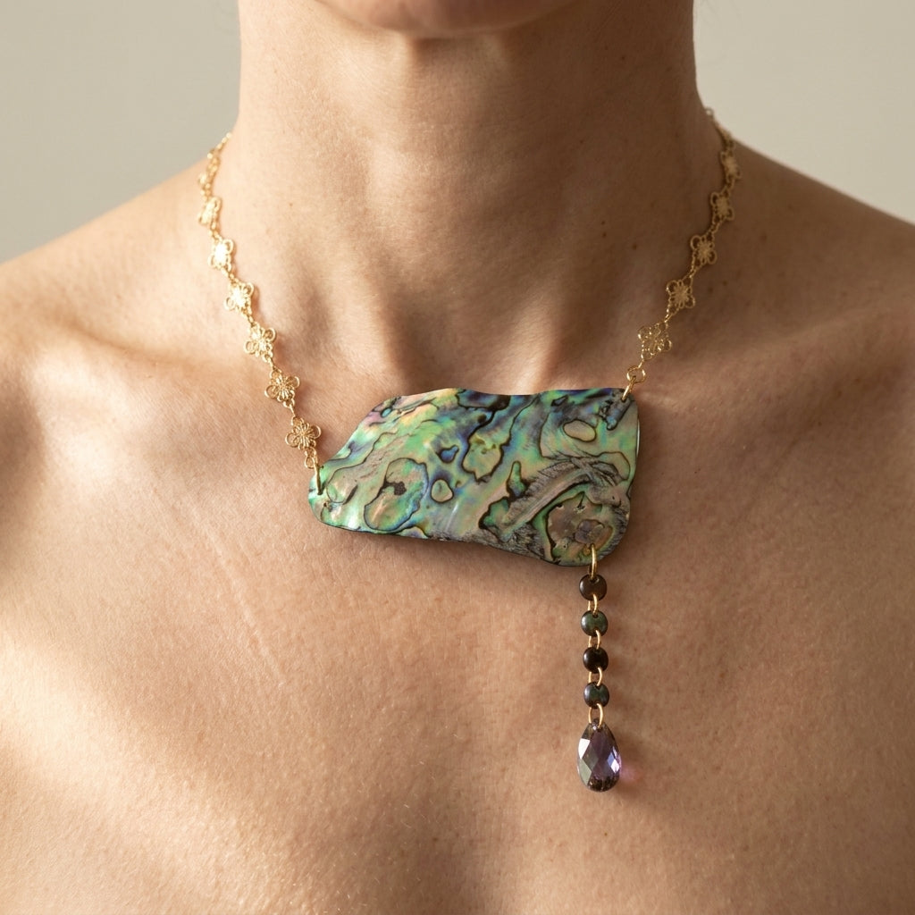 Abalone Dangle Necklace With Iridescent Crystal Pendant Jewelry Gift For Her