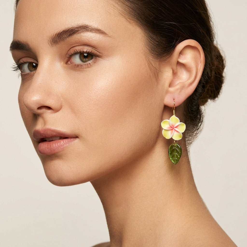 Hibiscus Earrings With Green Leaves Floral Jewelry For Women