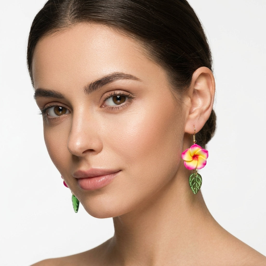 Hibiscus Earrings With Green Leaves Floral Jewelry For Women