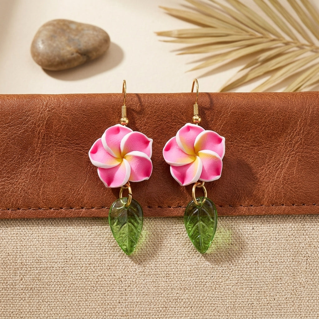 Hibiscus Earrings With Green Leaves Floral Jewelry For Women