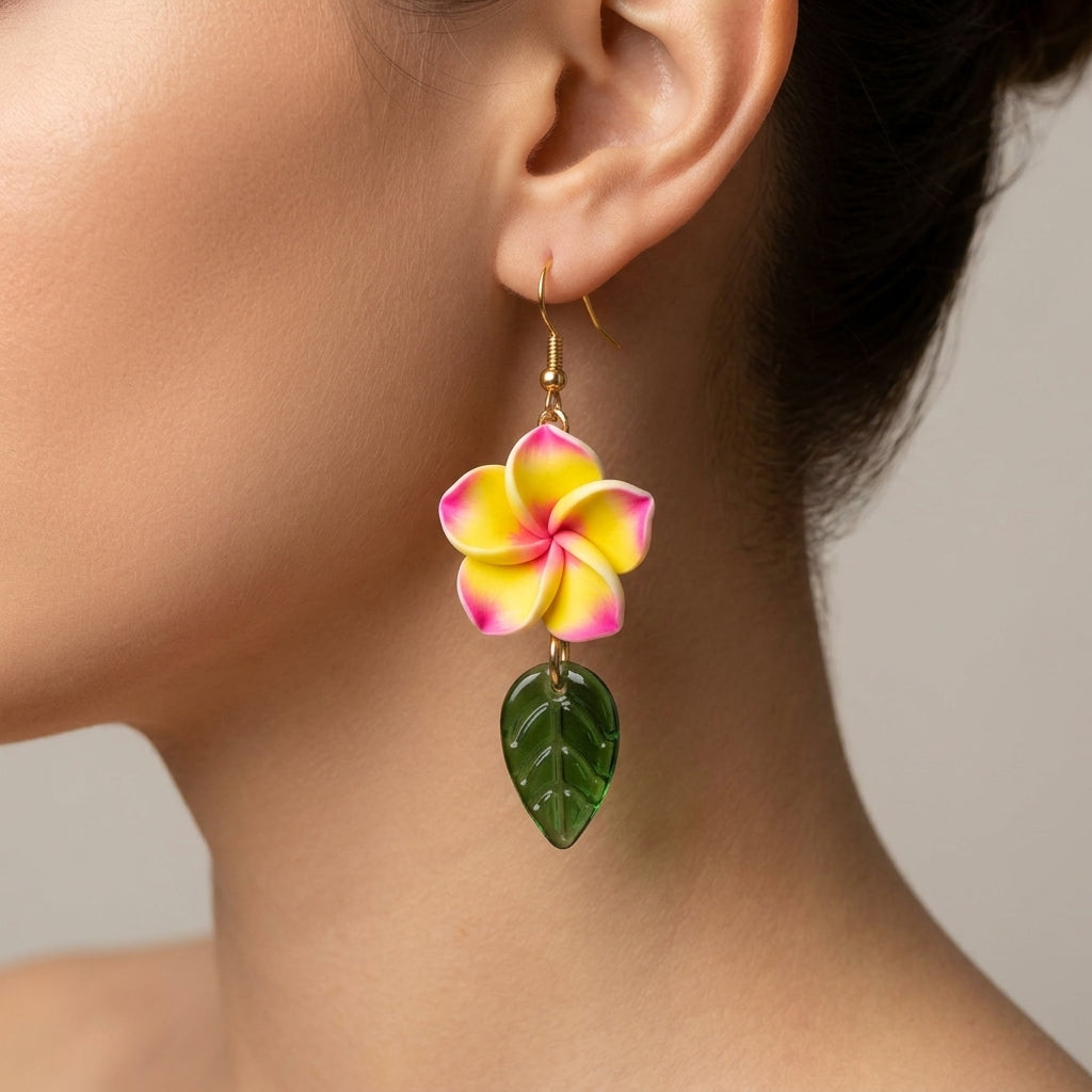 Hibiscus Earrings With Green Leaves Floral Jewelry For Women
