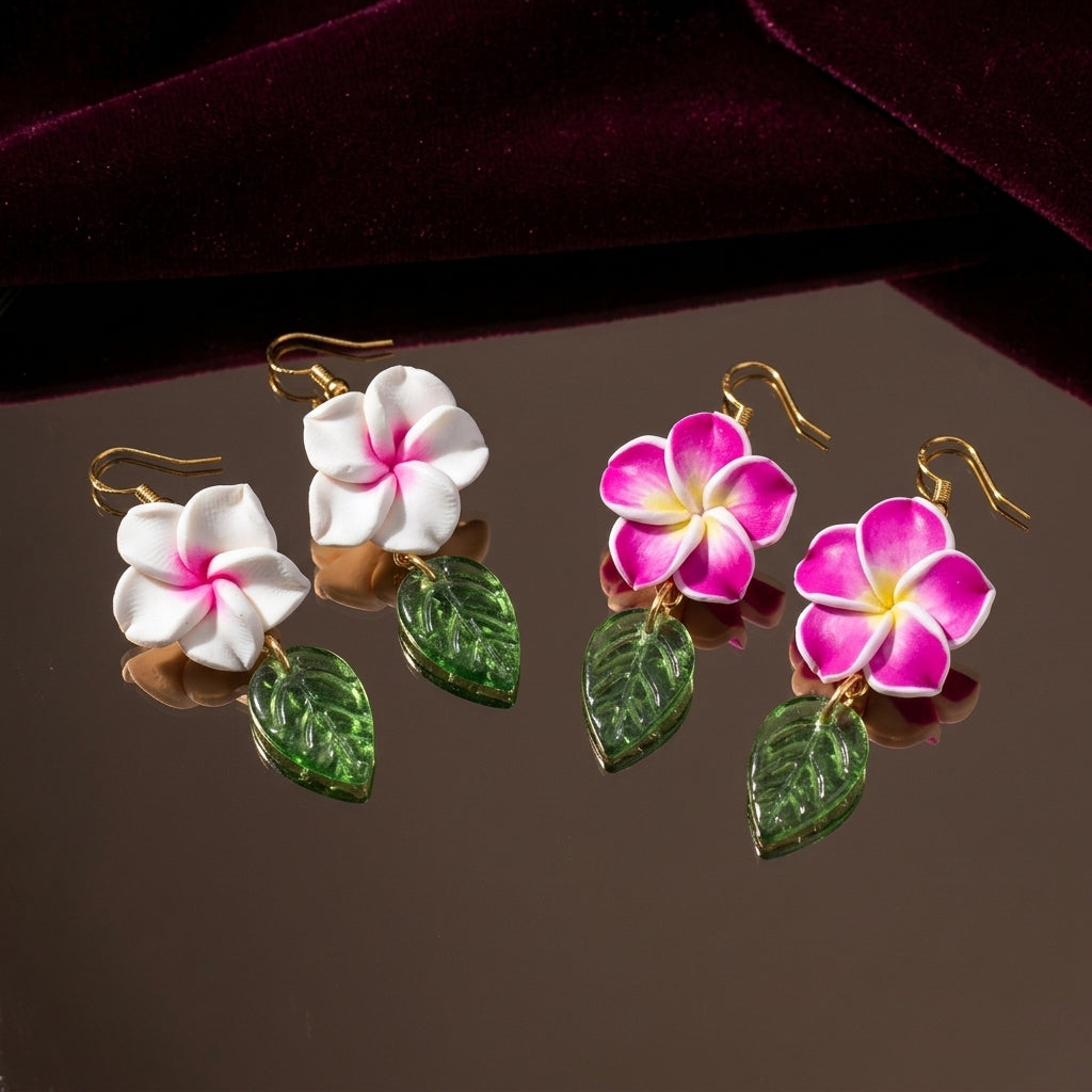Hibiscus Earrings With Green Leaves Floral Jewelry For Women
