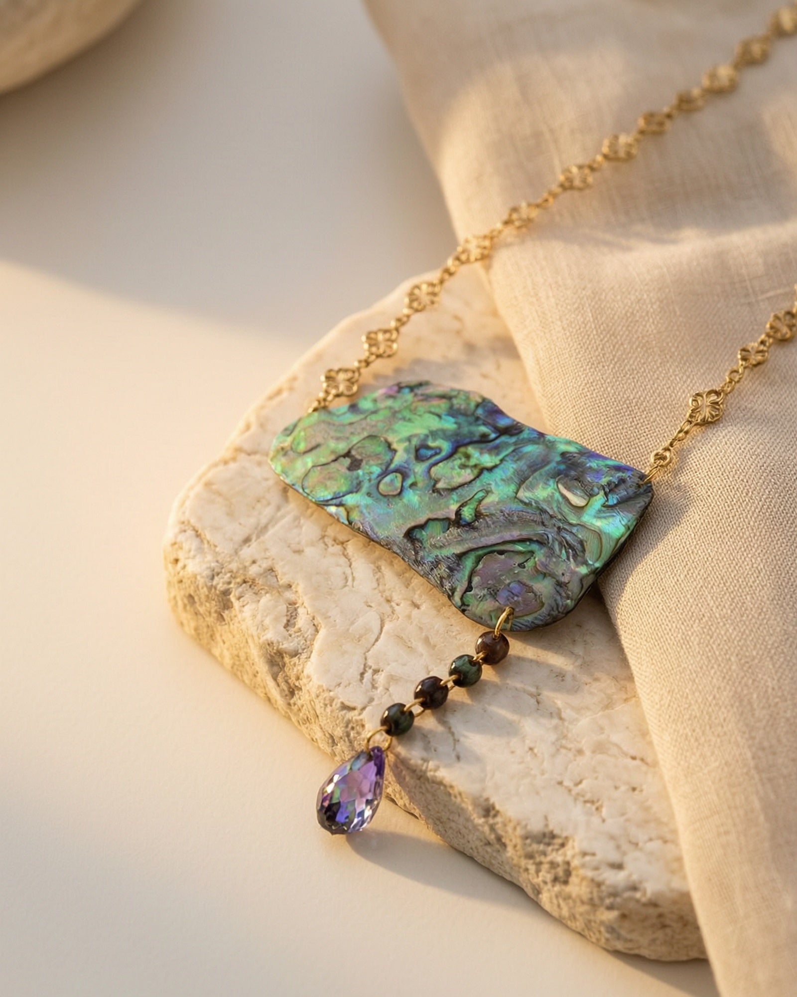 Abalone Dangle Necklace With Iridescent Crystal Pendant Jewelry Gift For Her
