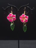 Hibiscus Earrings With Green Leaves Floral Jewelry For Women