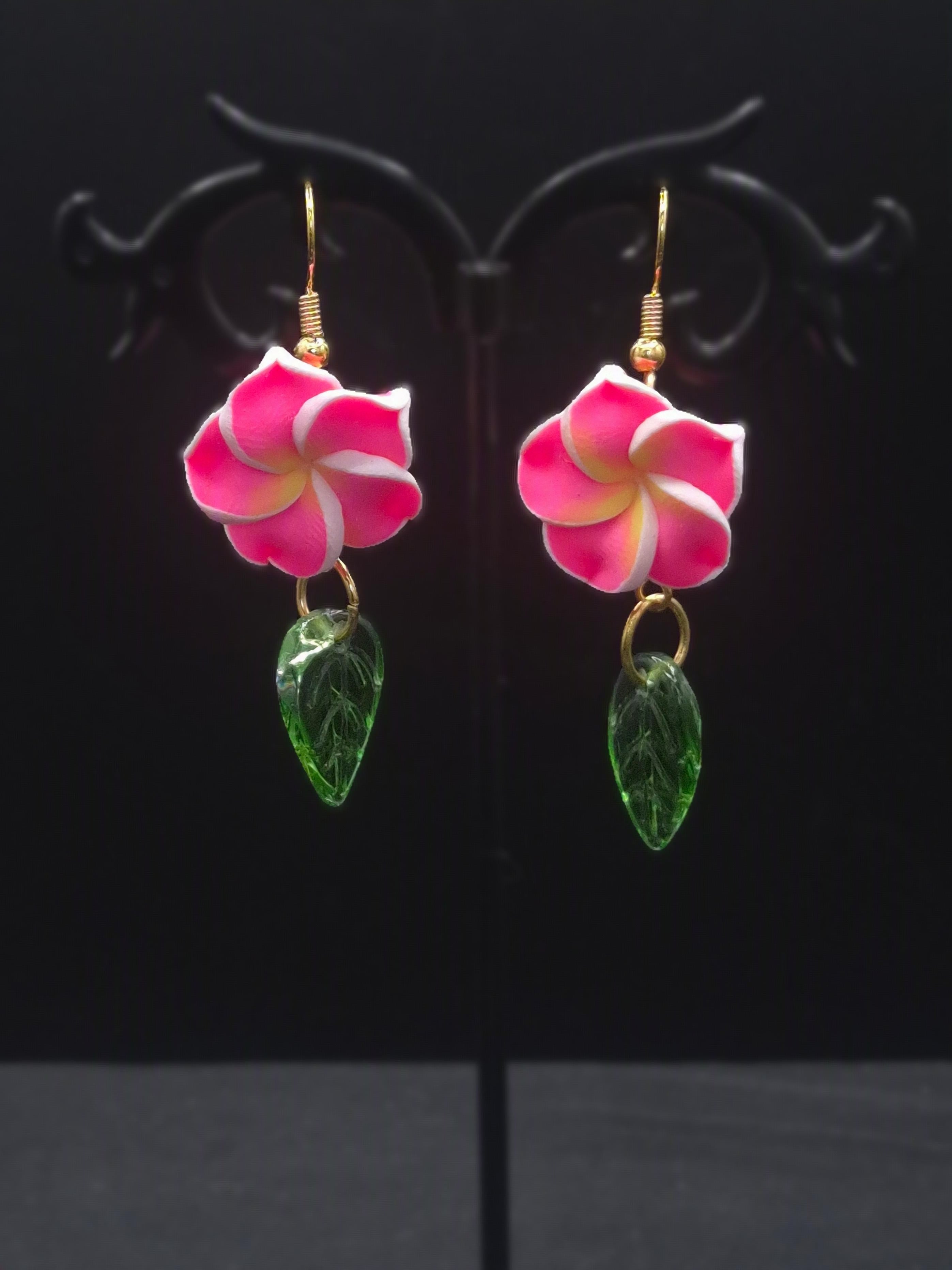 Hibiscus Earrings With Green Leaves Floral Jewelry For Women