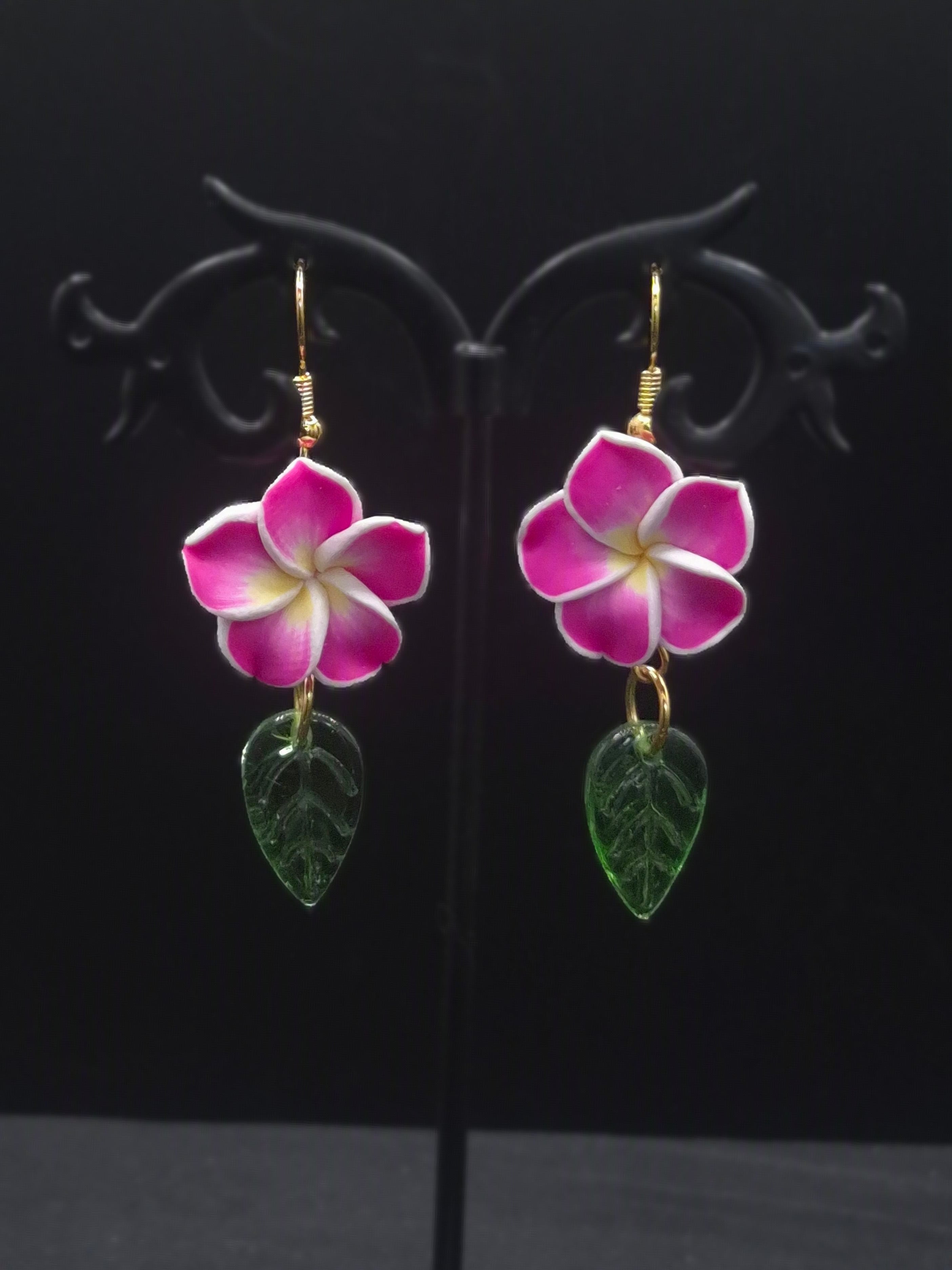 Hibiscus Earrings With Green Leaves Floral Jewelry For Women