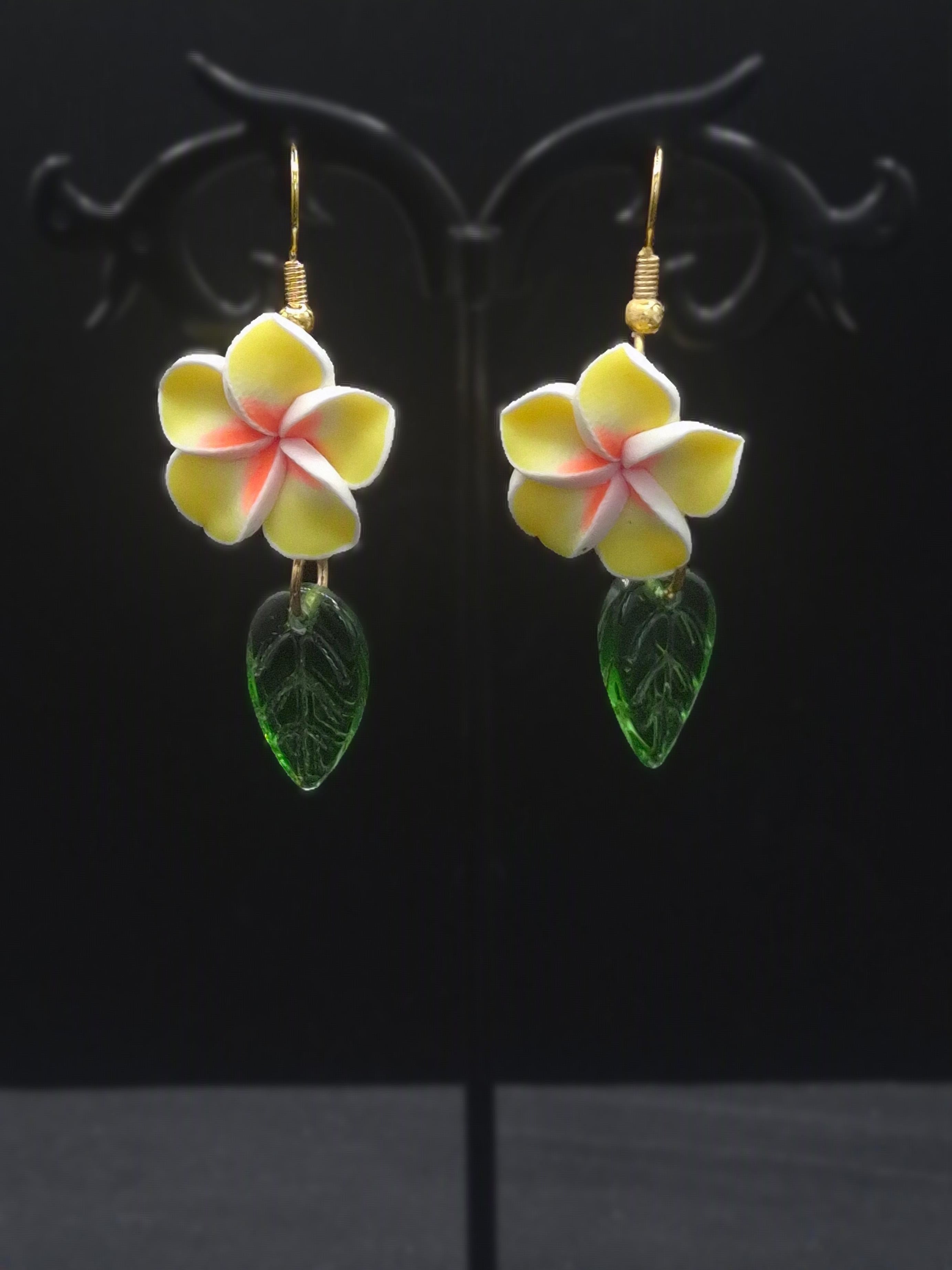 Hibiscus Earrings With Green Leaves Floral Jewelry For Women