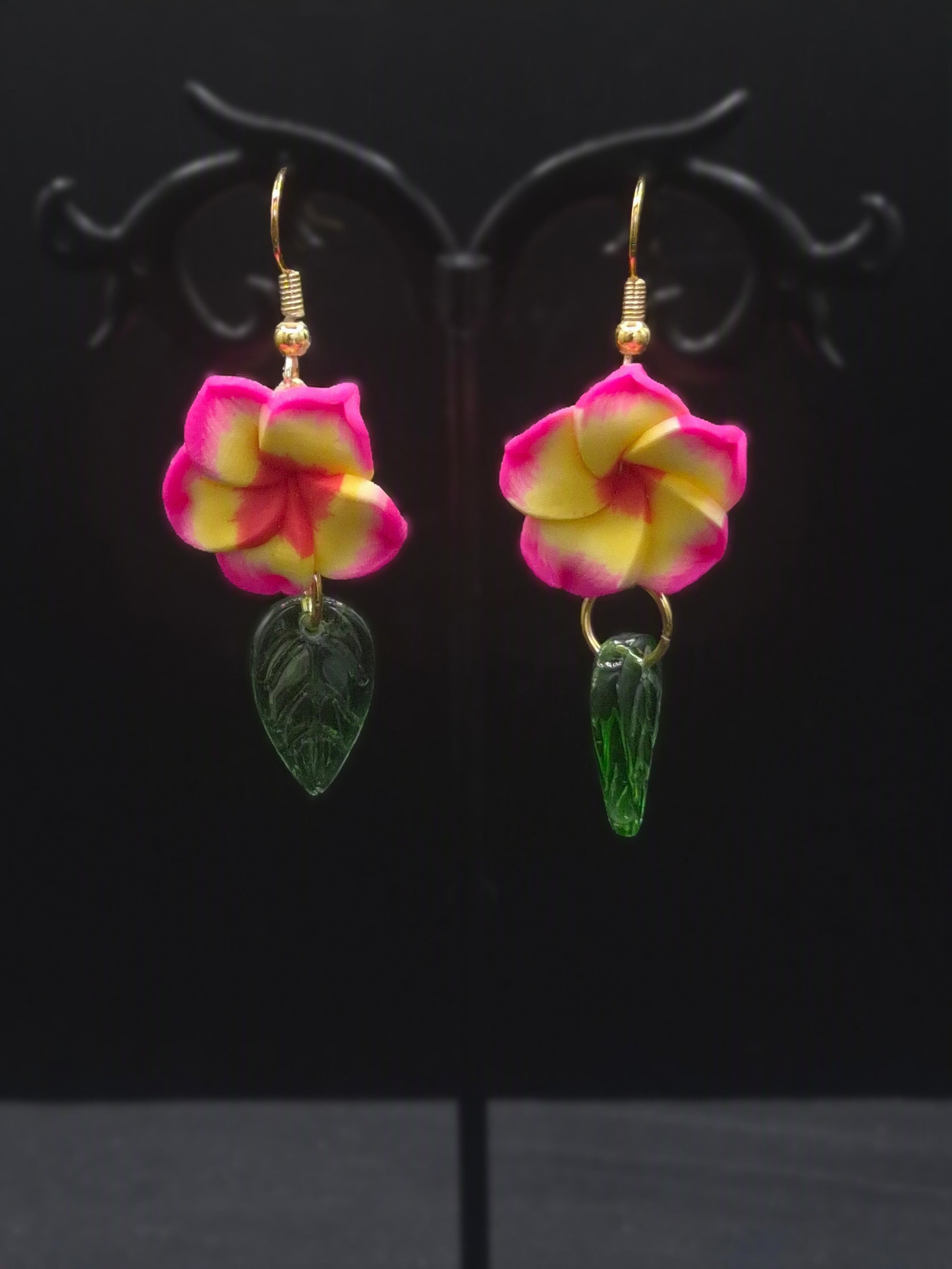 Hibiscus Earrings With Green Leaves Floral Jewelry For Women