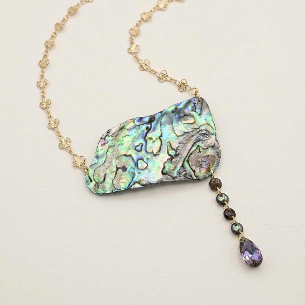 Abalone Dangle Necklace With Iridescent Crystal Pendant Jewelry Gift For Her