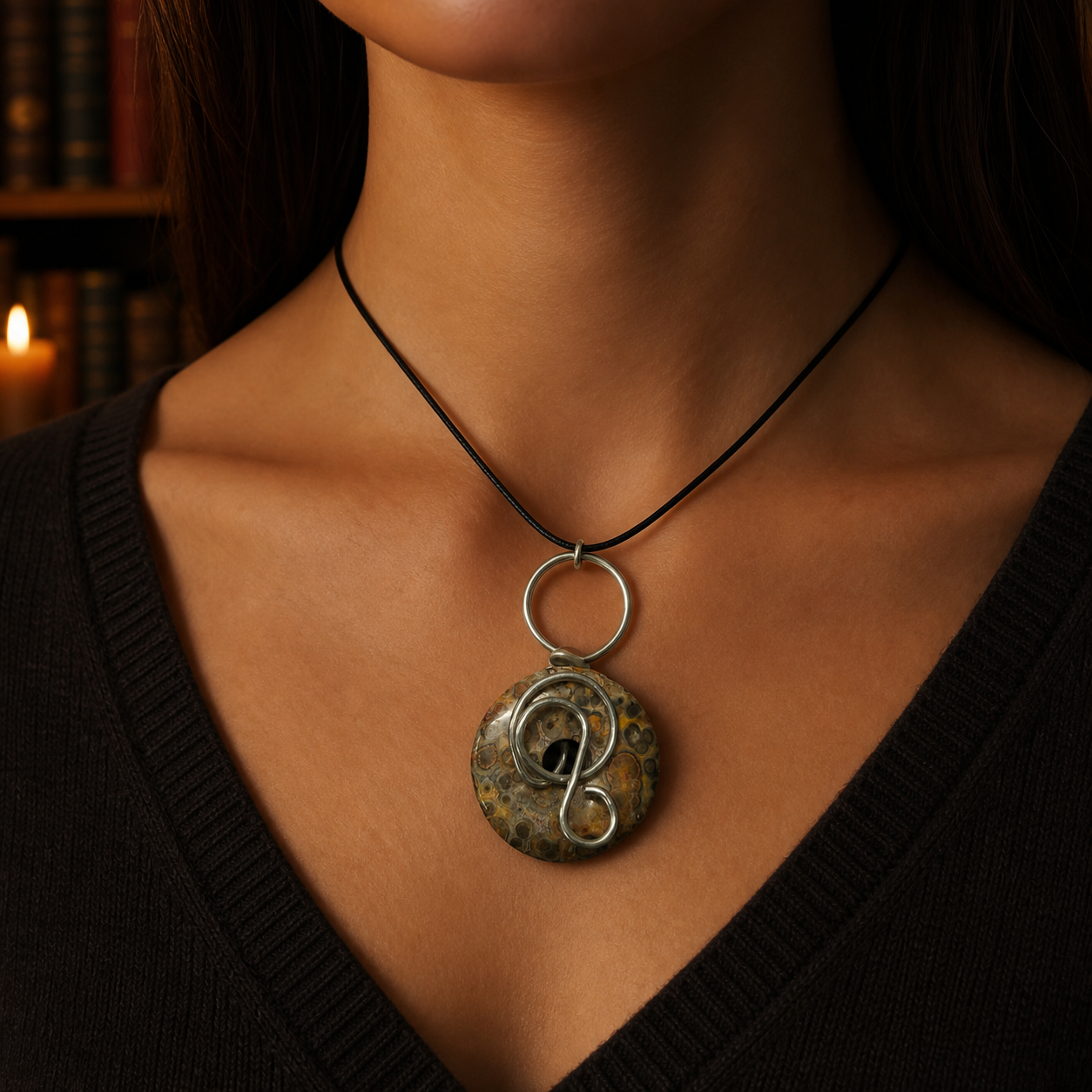 Round Jasper Pendant Necklace With Natural Gemstone Charm
