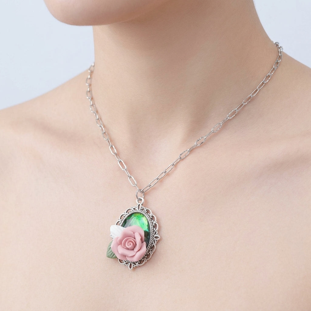 Pink Rose Necklace Dainty Pendant Jewelry for Women Gift
