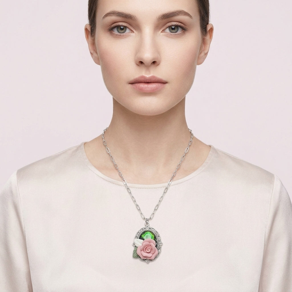 Pink Rose Necklace Dainty Pendant Jewelry for Women Gift