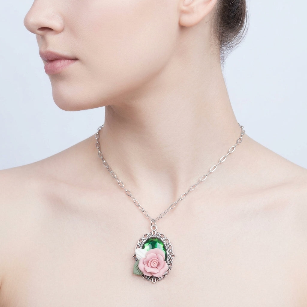 Pink Rose Necklace Dainty Pendant Jewelry for Women Gift