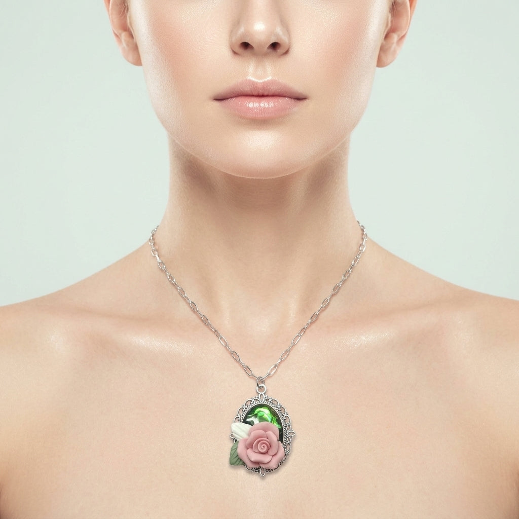 Pink Rose Necklace Dainty Pendant Jewelry for Women Gift