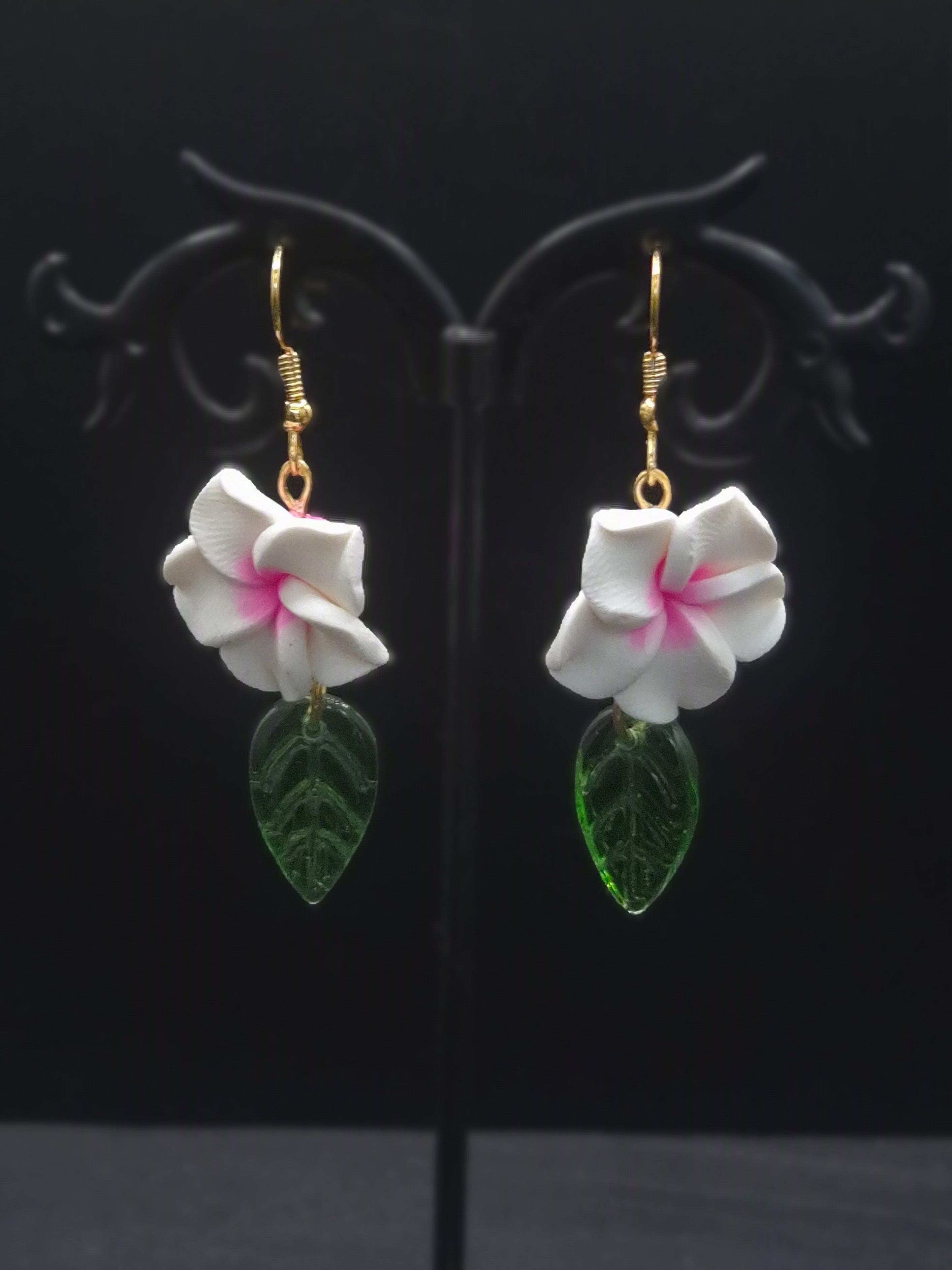 Hibiscus Earrings With Green Leaves Floral Jewelry For Women