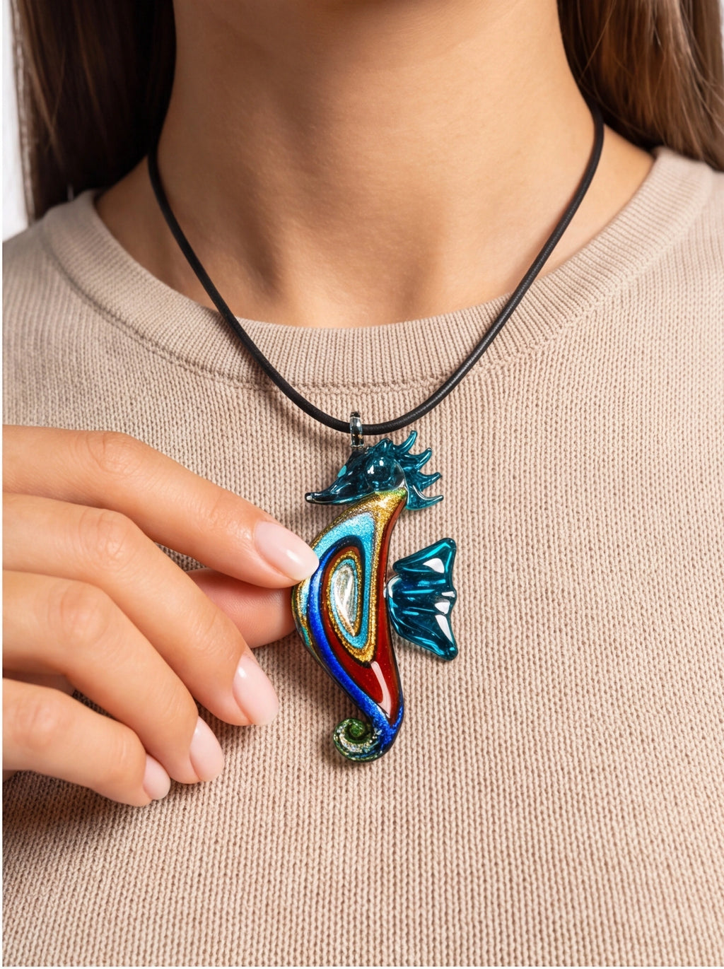 Handmade Blown Glass Seahorse Necklace Oceanic Art Glass Jewelry